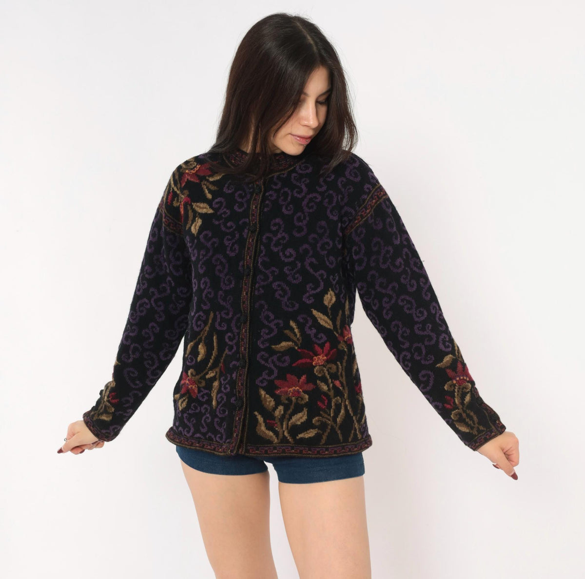 80s Icelandic Design Wool Cardigan Black Purple Floral Jacquard Small