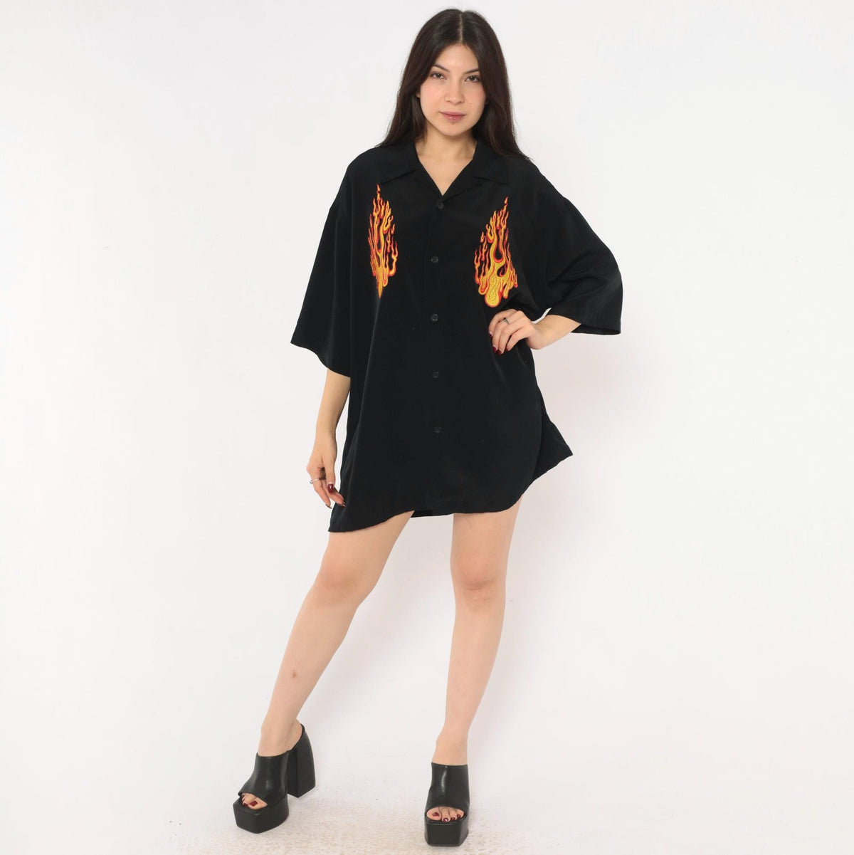 2000s Silver Point Black Bowling Shirt Flame Embroidered Camp Collar Extra Large XL