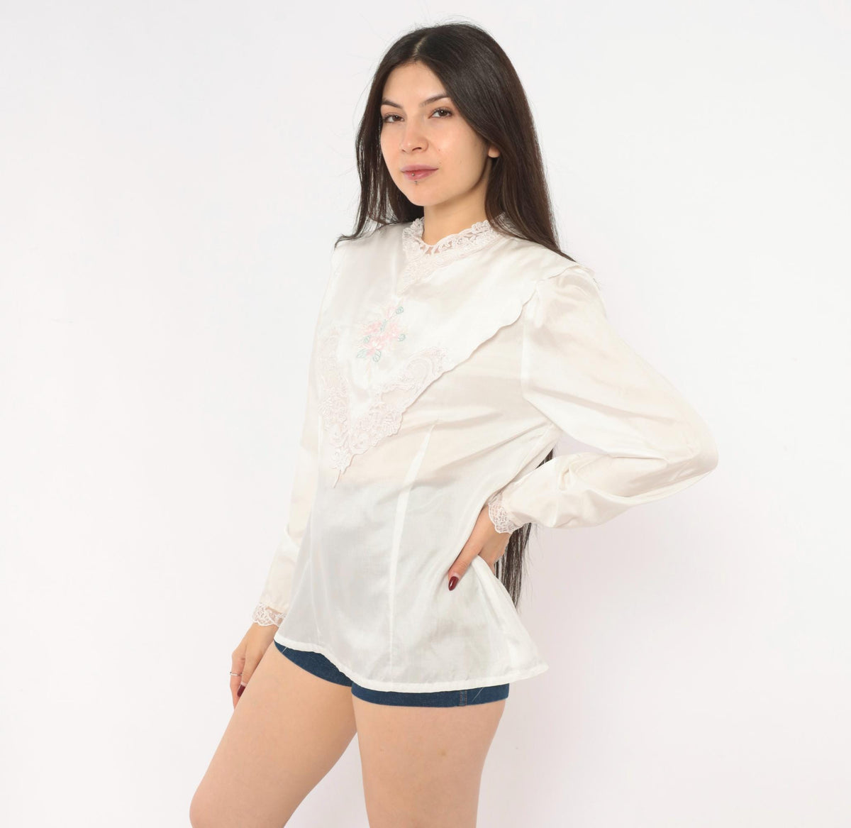 80s Nicola Embroidered Floral Lace Blouse High Neck Puff Sleeve Ivory Medium M