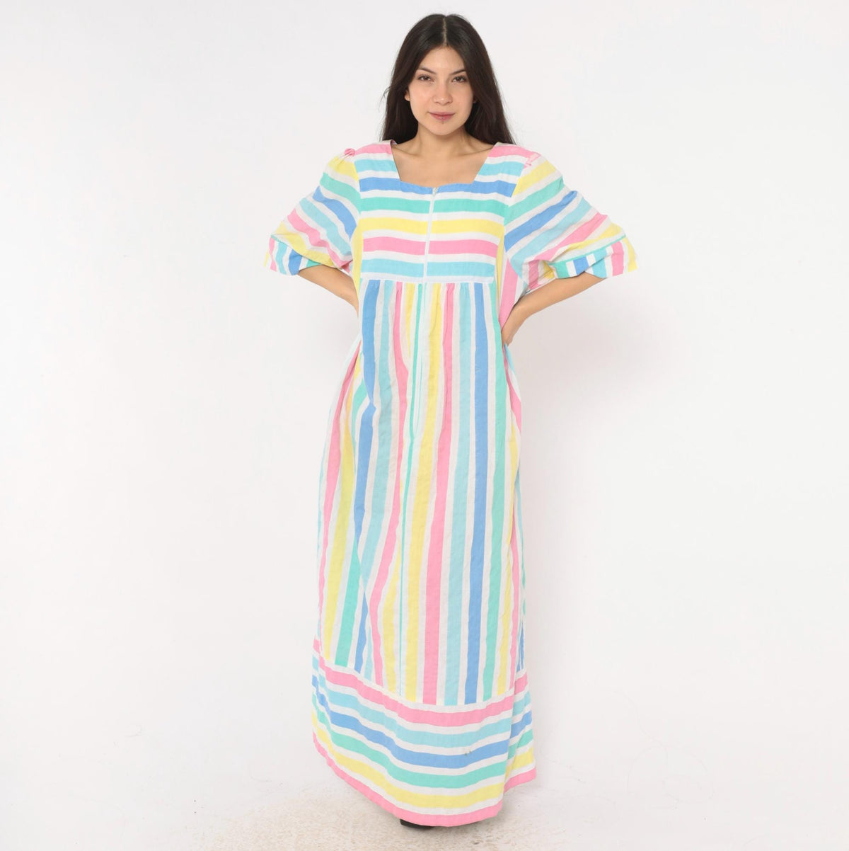 80s Saybury Pastel Striped Maxi Dress Square Neck Empire Waist Extra Large