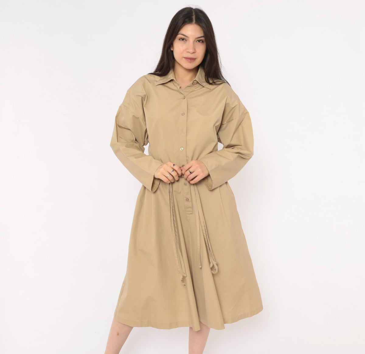 80s Tan Shirt Dress Braided Belt Pointed Collar A-Line Knee Length Large