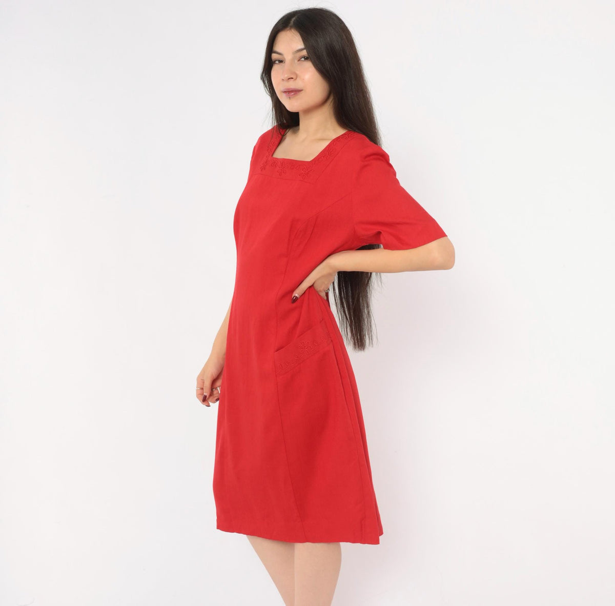 80s Lanz Originals Red Shift Dress Square Neck Soutache Embroidery Large L