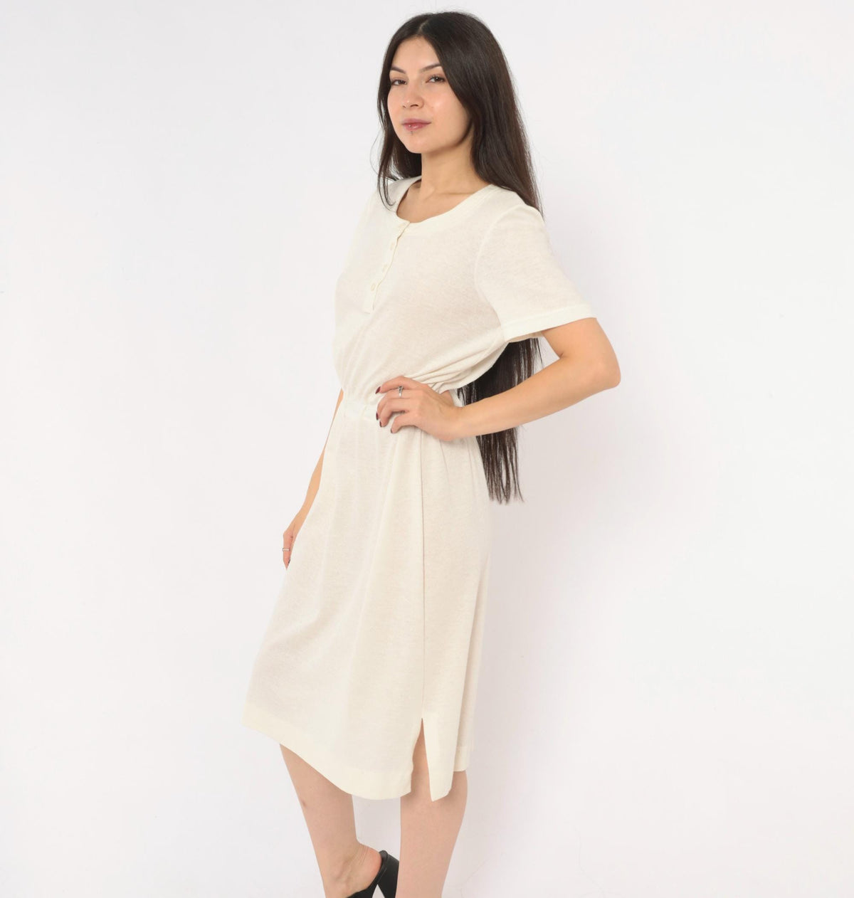 70s Cream Henley Dress Button Front A-Line Knee Length Short Sleeve Small Medium