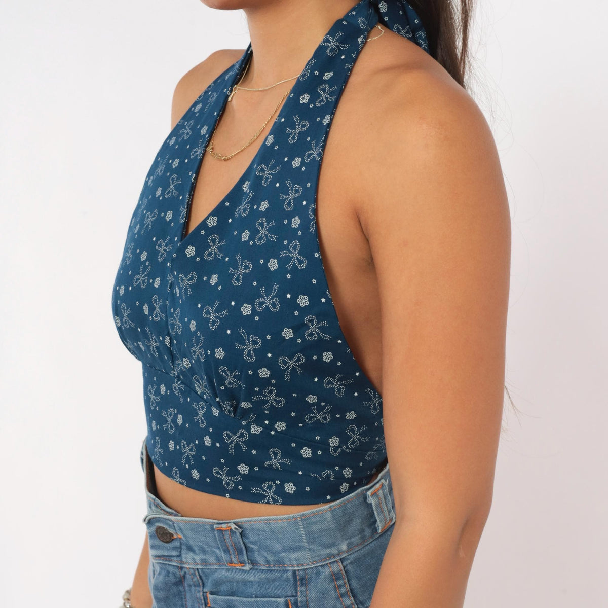 70s Navy Halter Crop Top White Bow Floral Star Print Deep V Backless Small