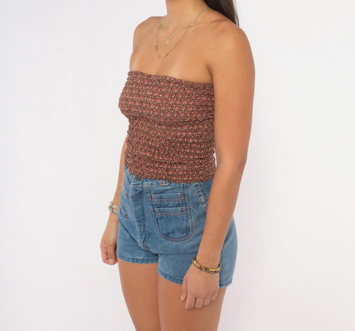 70s Brown Floral Tube Top Shirred Strapless Crop Ditsy Print Small