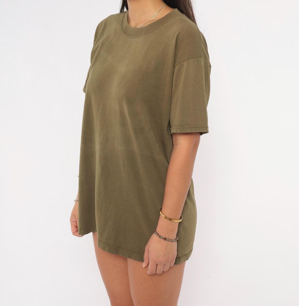 Y2K Duke Olive Green T-Shirt Boxy Crew Neck Plain Tee Medium M