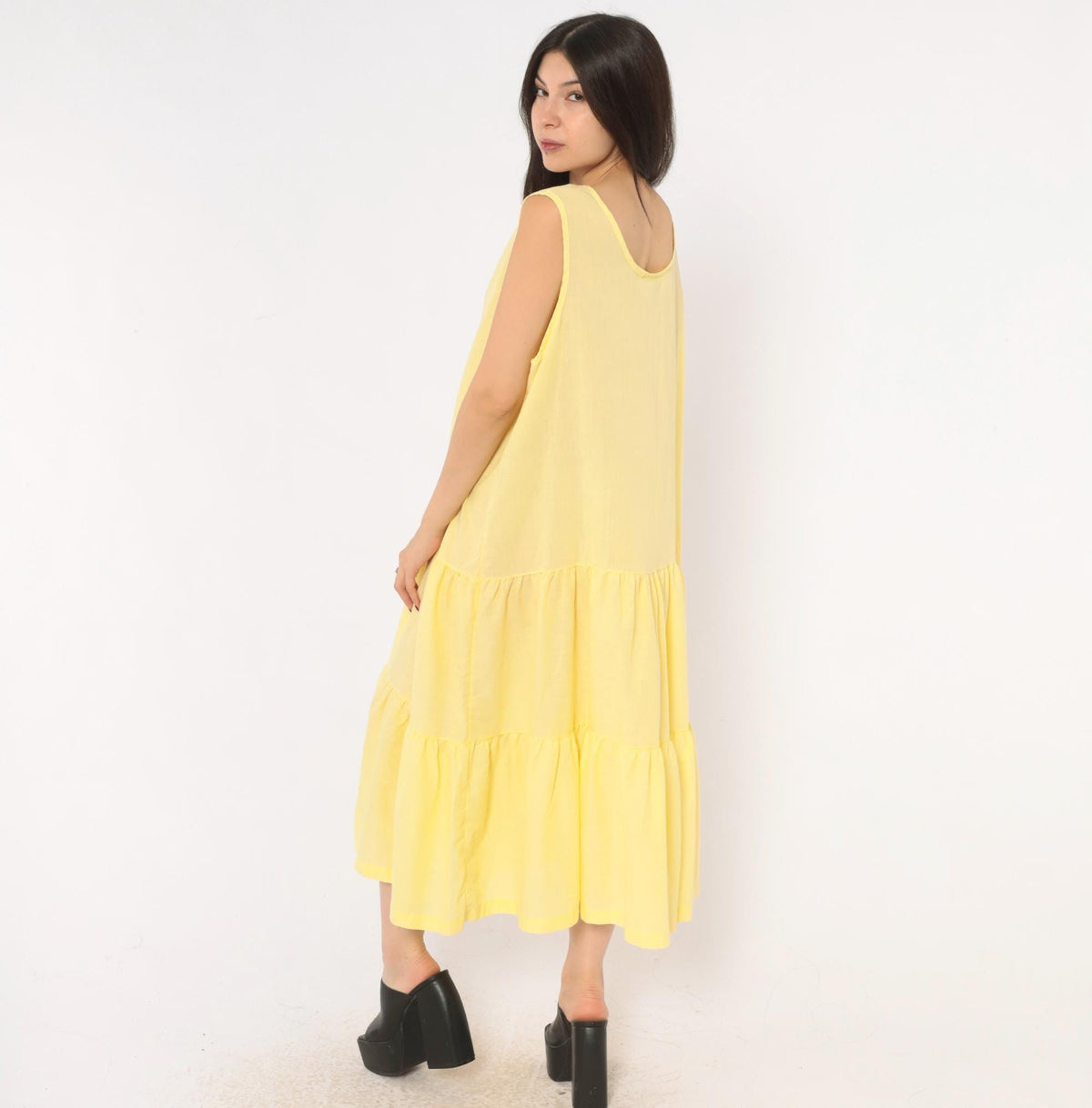 90s Butter Yellow Tiered Midi Sundress Anne Leslie Plus Scoop Neck XXL