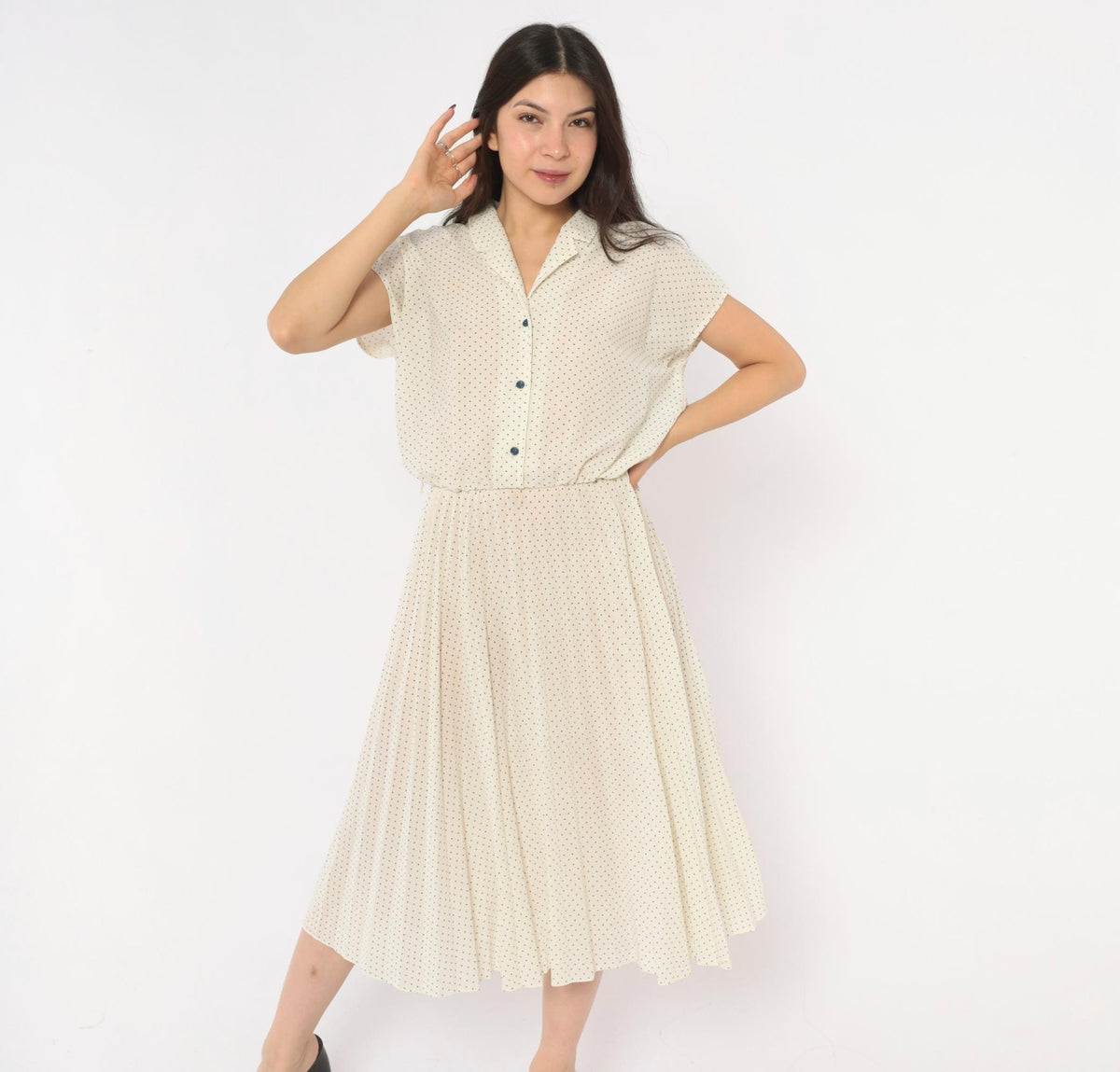 70s Promises Promises Polka Dot Dress Cream Navy Cap Sleeve Knee Length Small