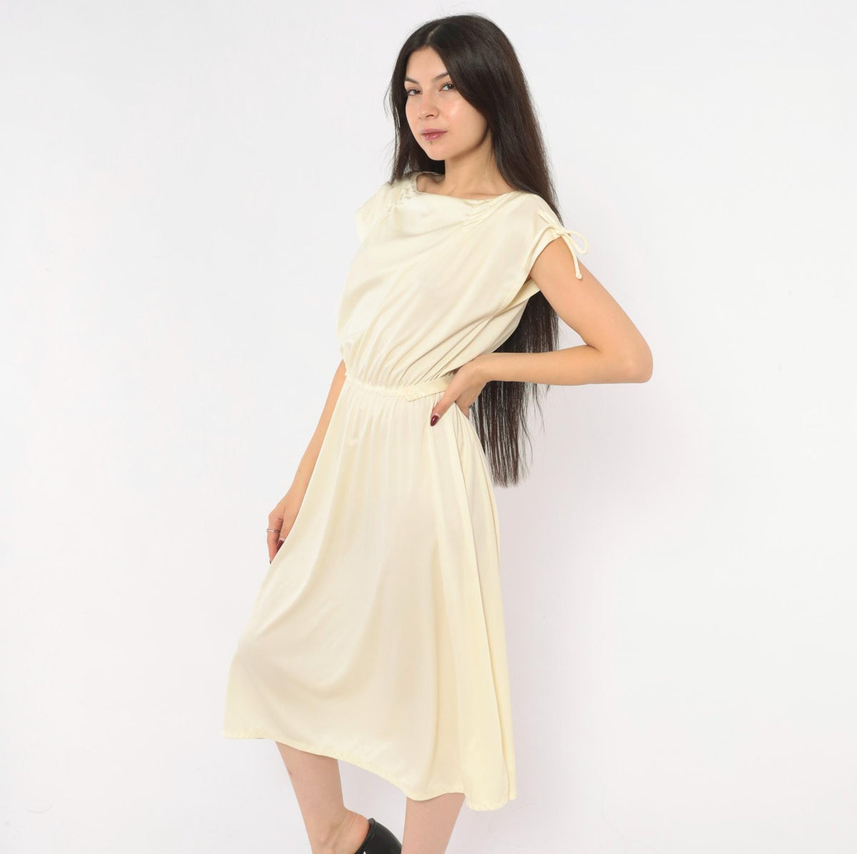 70s Cream Cap Sleeve Dress Ivory A-Line Midi Bow Detail Scoop Neck Small