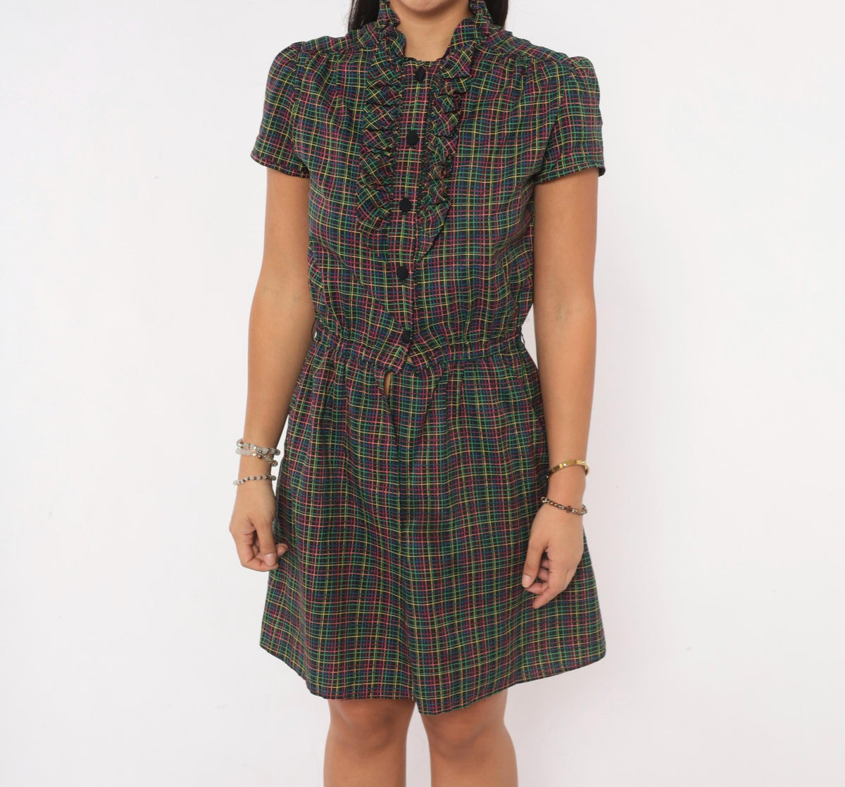 70s Plaid Dress Black Pink Green Yellow Check Ruffle Mock Neck Puff Sleeve Small