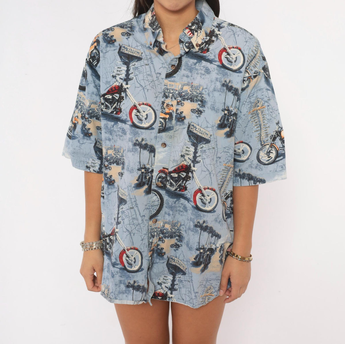Y2K Redhead Motorcycle Print Button-Up Shirt Blue Cotton Medium