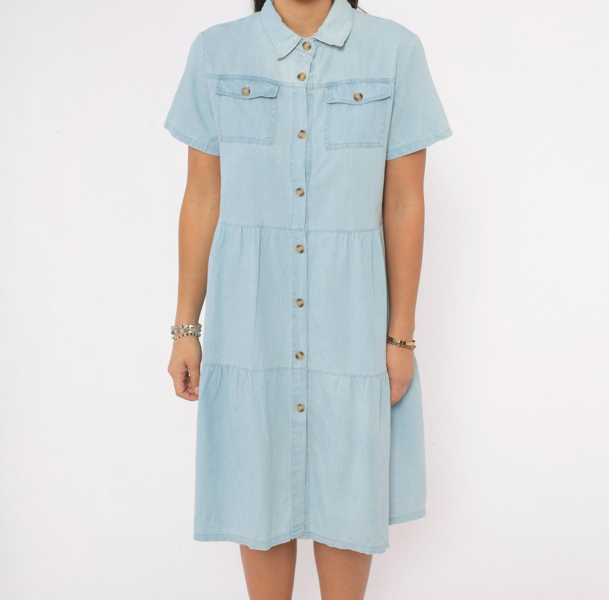 90s Light Blue Chambray Denim Shirt Dress Tiered Knee-Length Cotton Small S