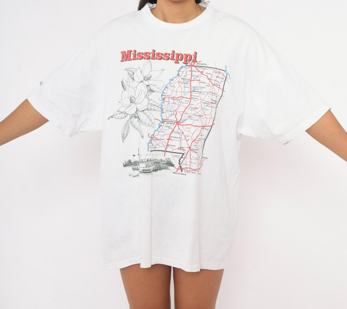 90s Mississippi State Map Souvenir Tee White Graphic Cotton XL