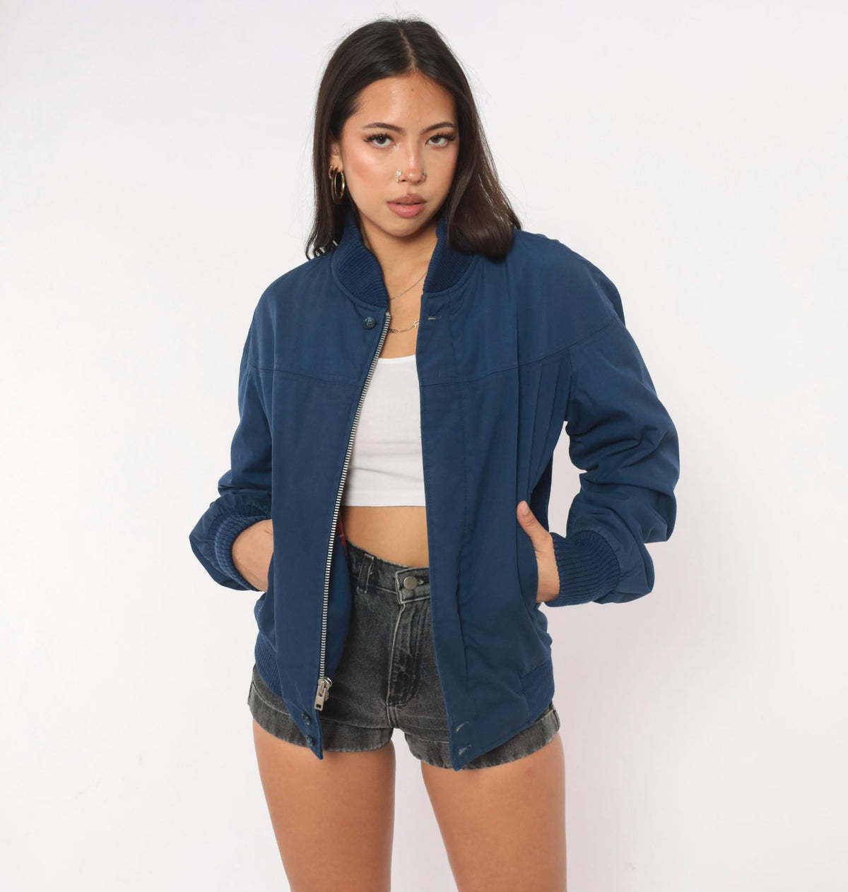 80s Baracuta Bomber Jacket Navy Blue Tartan Lining Medium