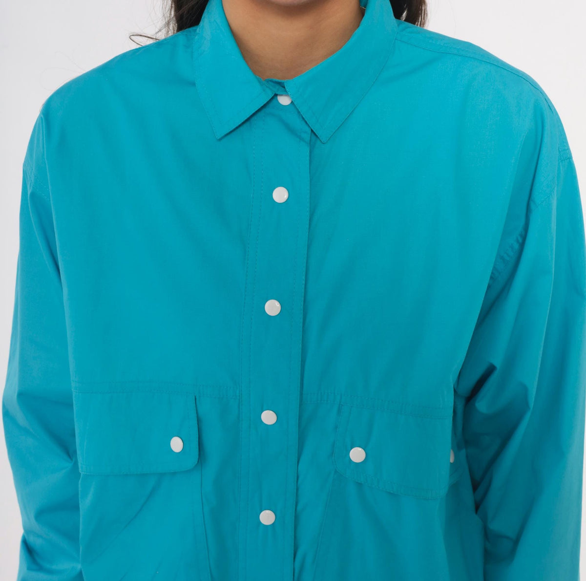 80s Koret Petites Teal Bomber Jacket Snap Front Pointed Collar Small S