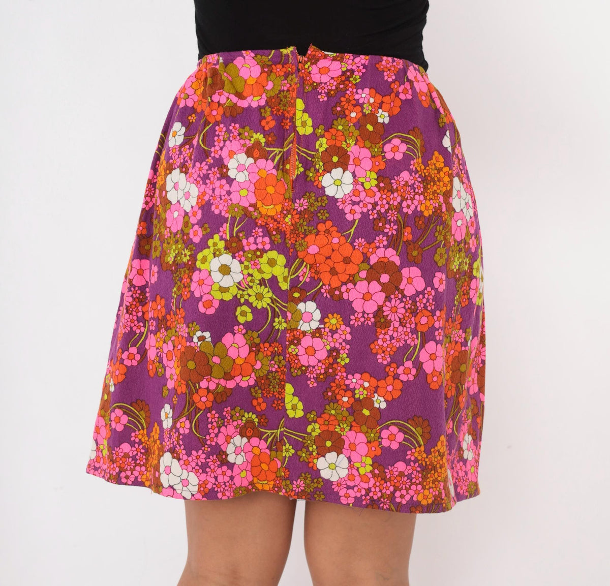 70s Floral Mini Skirt Purple Pink A-Line Gathered Waist Cotton Small