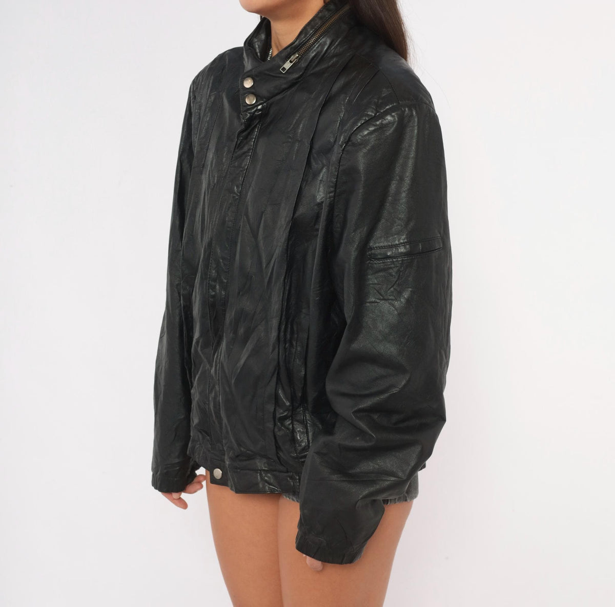 90s Black Leather Bomber Jacket Golden Collection Raffaelo Moto Boxy Medium