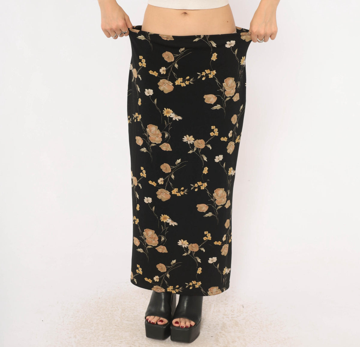 90s Black Floral Skirt Ankle Length Straight Daisy Rose Print Large L