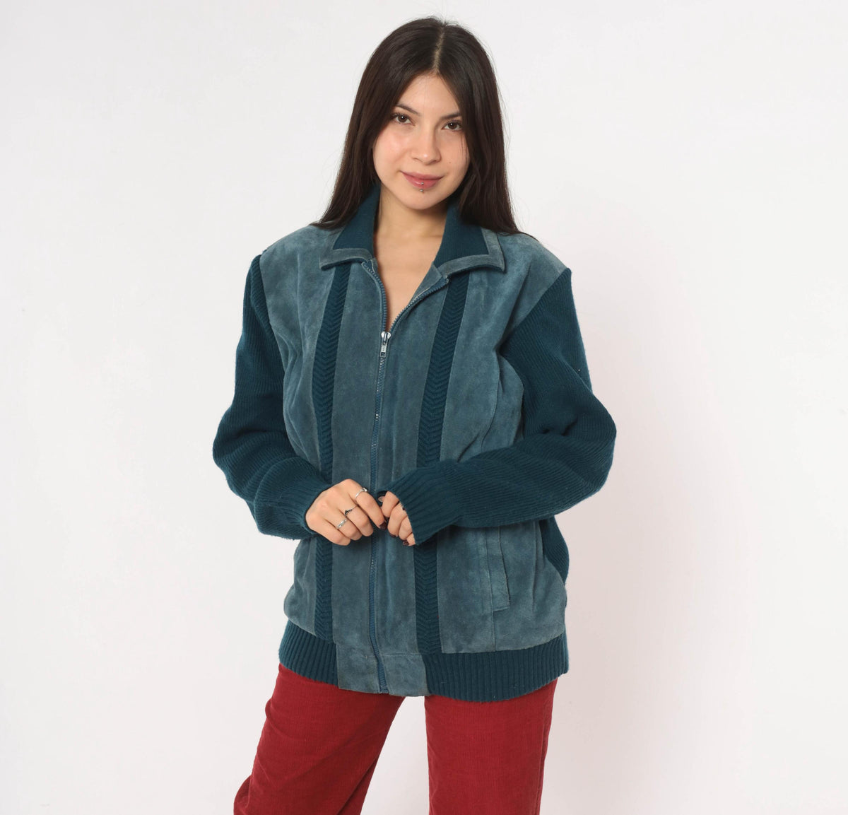80s Mervyn's Navy Blue Suede Leather Cardigan Knit Zip Jacket Large