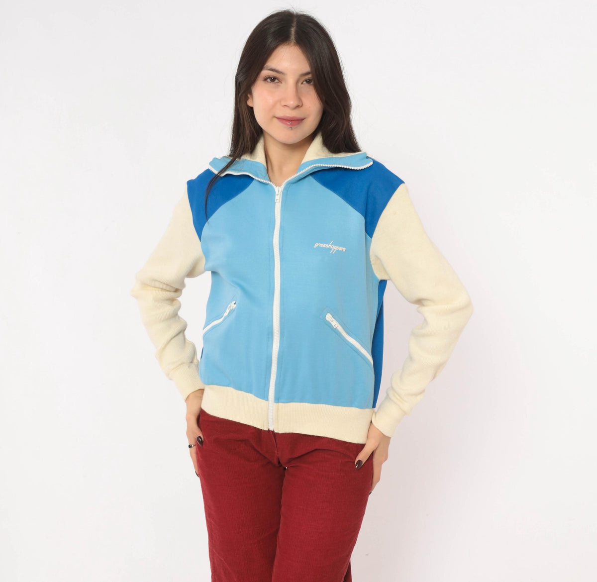 80s Grasshoppers Color Block Track Jacket Light Blue Cream Knit Small