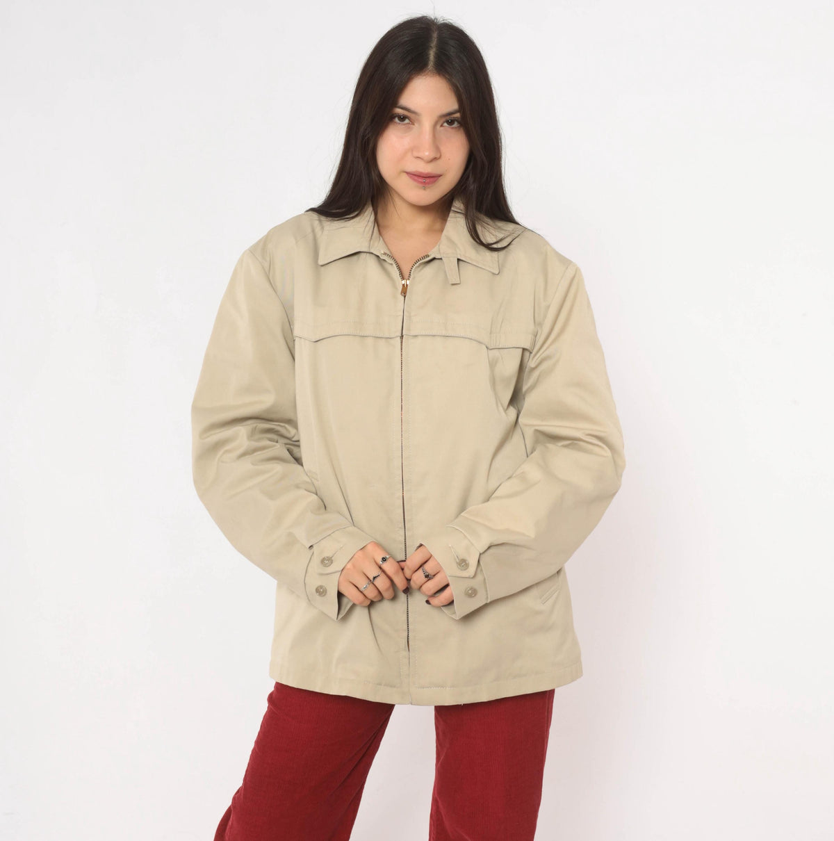 80s Sears Beige Harrington Jacket Western Yoke Pointed Collar Unisex Large
