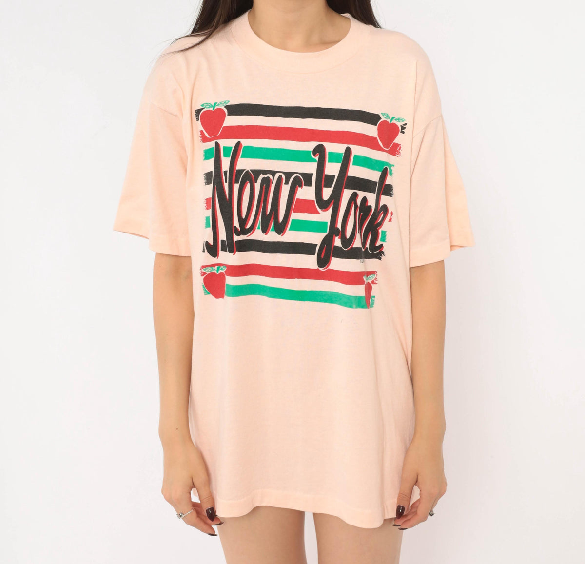 90s New York Souvenir Tee Pink Graphic Apple Stripe Crewneck Extra Large XL