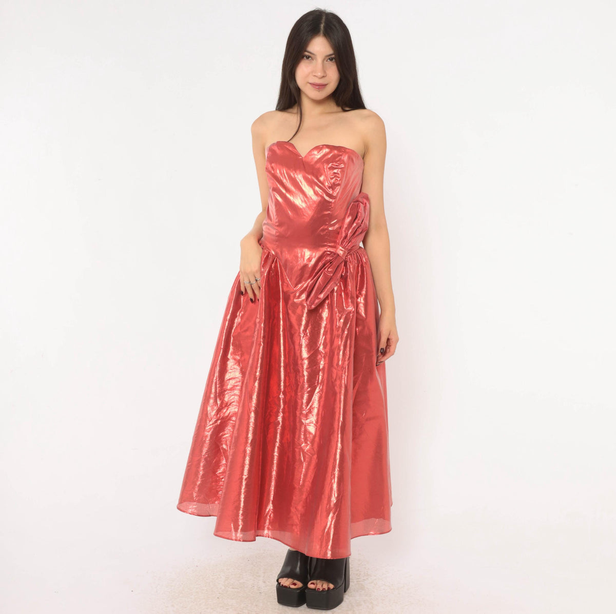80s Nadine Formals Metallic Red Strapless Party Dress Sweetheart Neckline Medium M