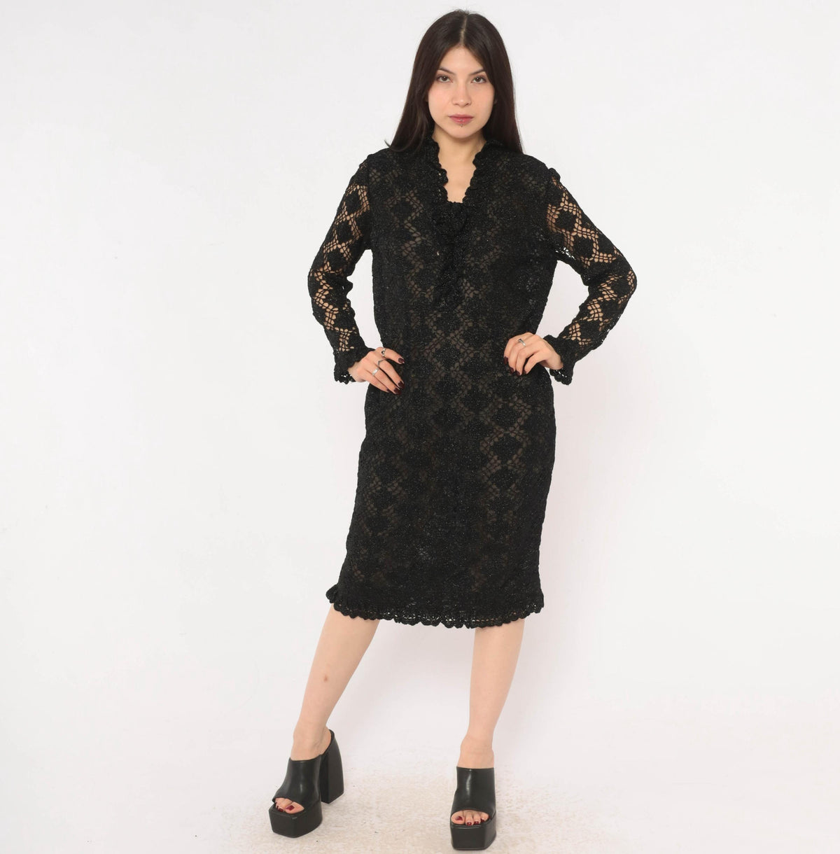 70s Black Crochet Lace Dress Metallic Sparkle Long Sleeve Knee-Length Small