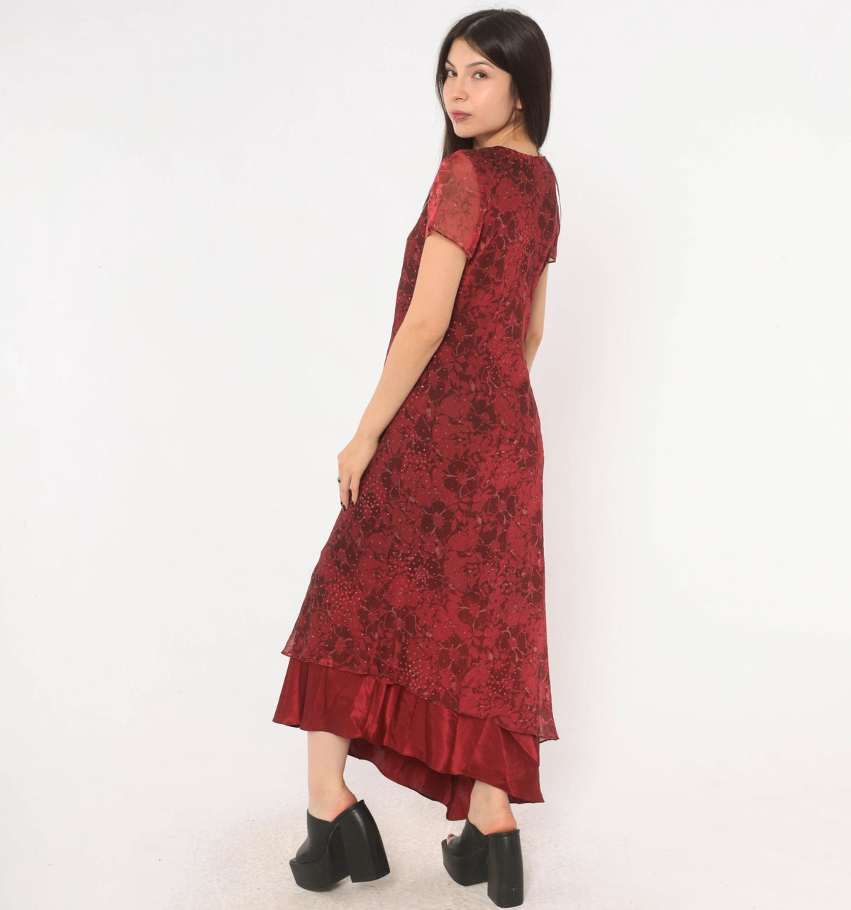 90s Burgundy Floral Midi Dress Positive Attitude Flutter Sleeve Wine Red Medium M