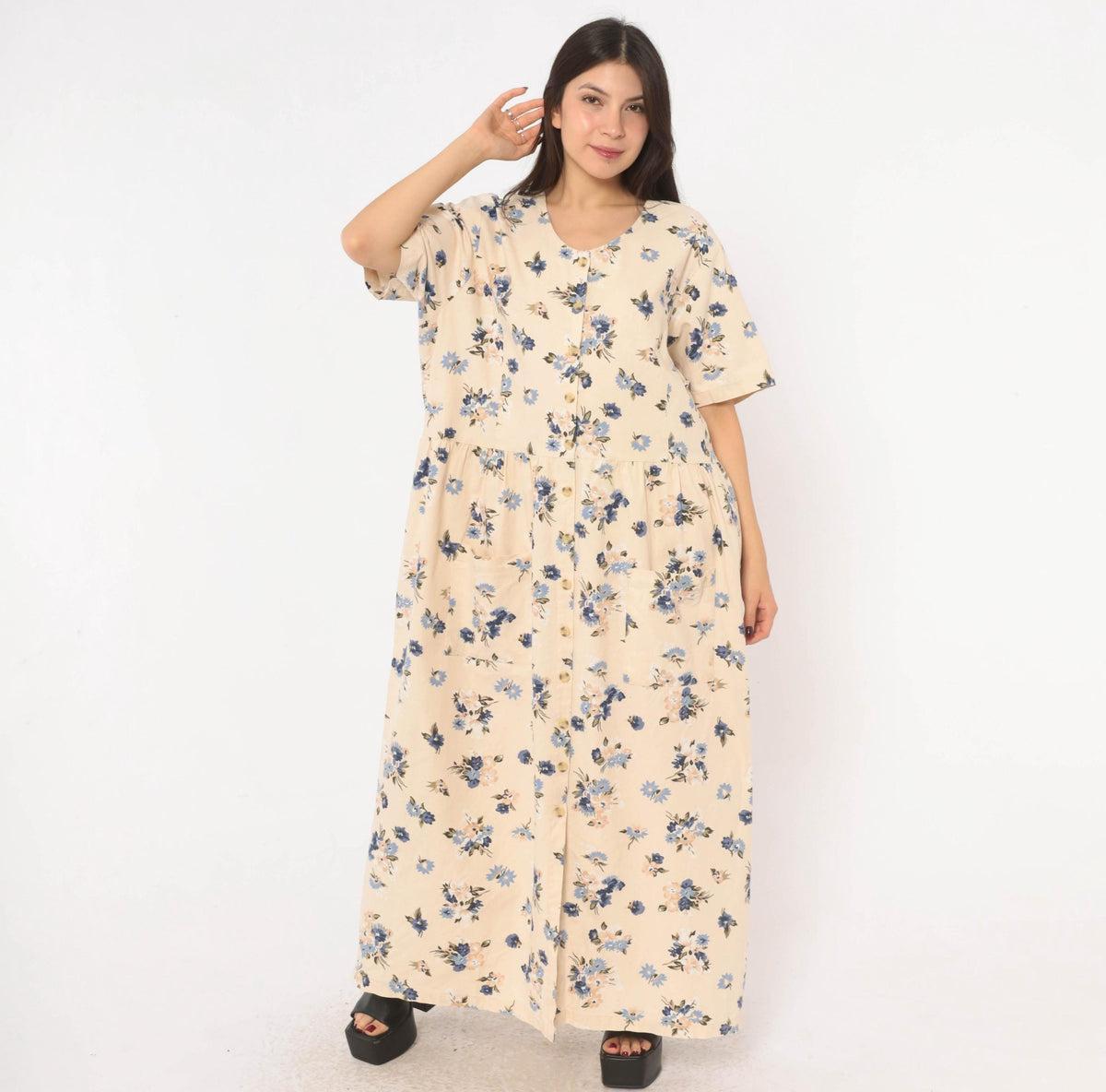 90s Studio C Floral Linen Maxi Dress Cream Navy Plus Size XXL