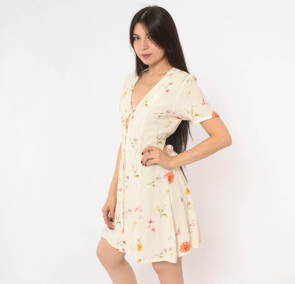 90s Wag Girls Floral Dress Cream Ditsy Print Tie Front Knee Length Extra Small XS