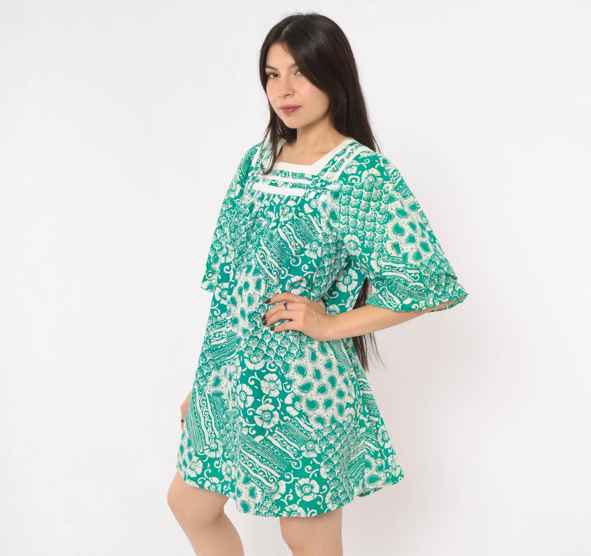 90s Expressions Teal Batik Floral Cotton Dress Square Neck Puff Sleeve Medium M