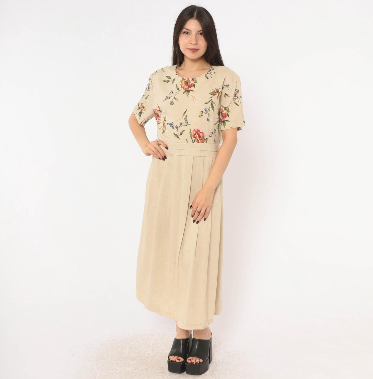90s Just in Thyme Floral Midi Dress Cream Rose Print A-Line Large L