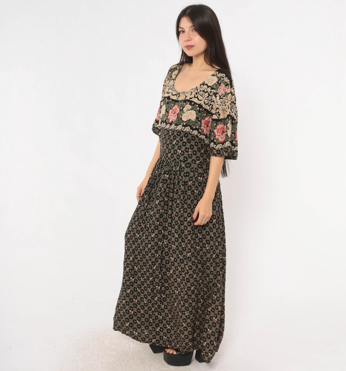 90s Fashion Bug Black Floral Maxi Dress Rose Border Pink Cream Plus Size 3X