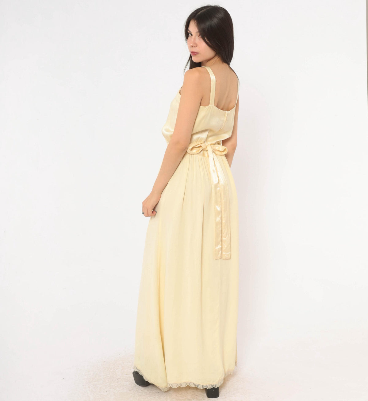 70s Gunne Sax Maxi Dress Cream Satin Lace Pearl Button Spaghetti Strap Medium M