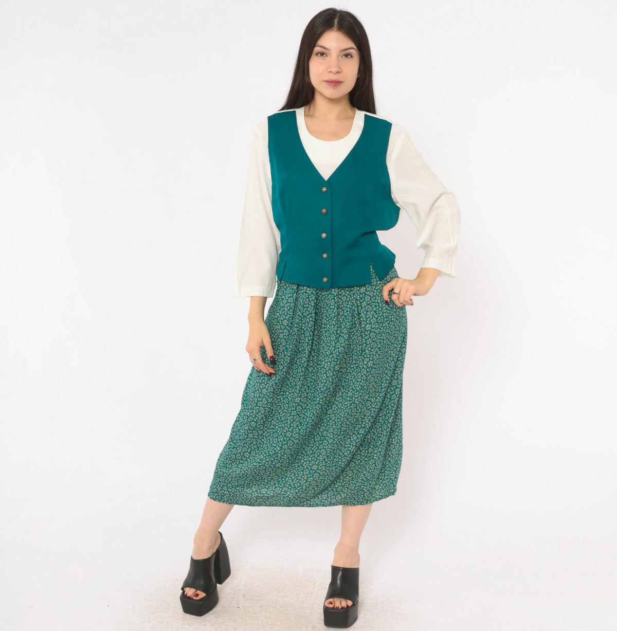 90s Olivia Rose Ditsy Floral Midi Dress Teal Green Vest Bodice Large L