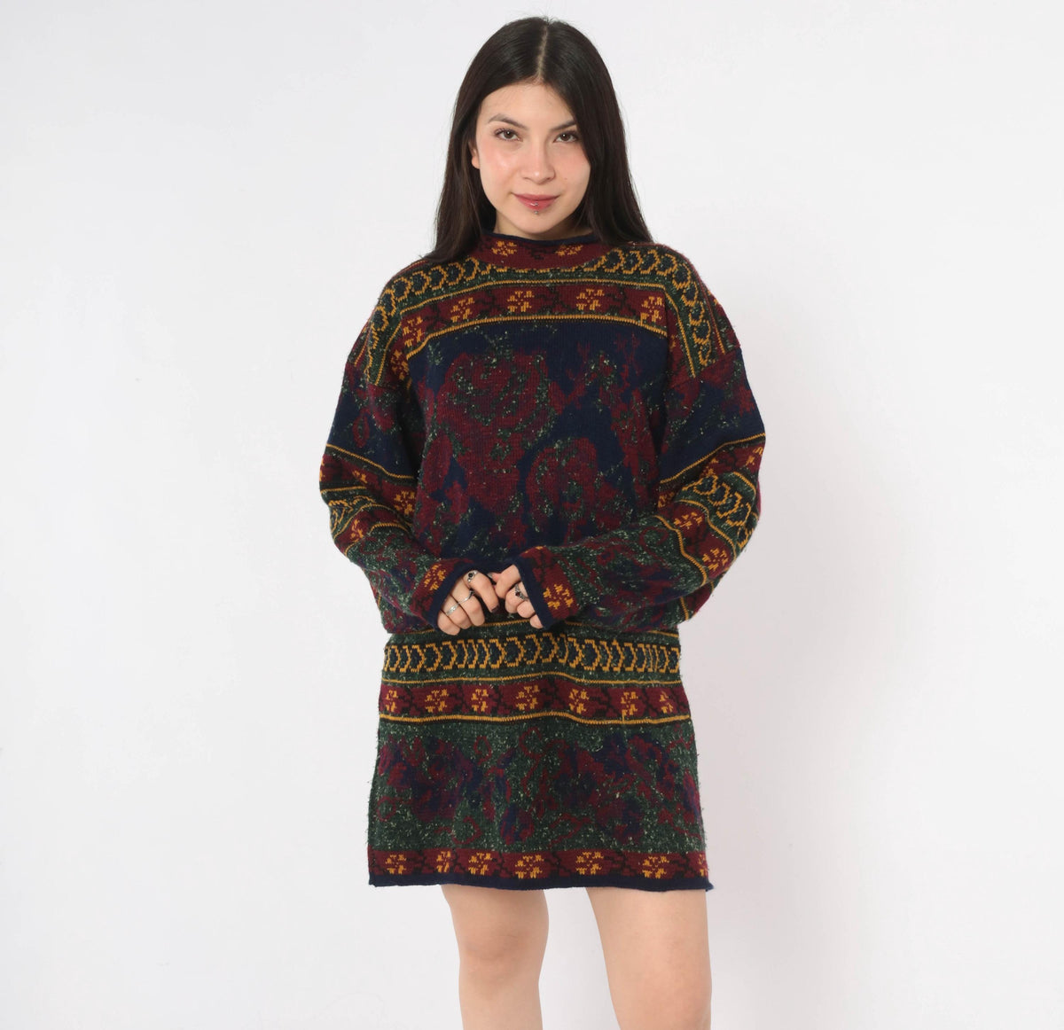 90s Colter Bay Sweater Dress Burgundy Navy Floral Fair Isle Mock Neck Medium