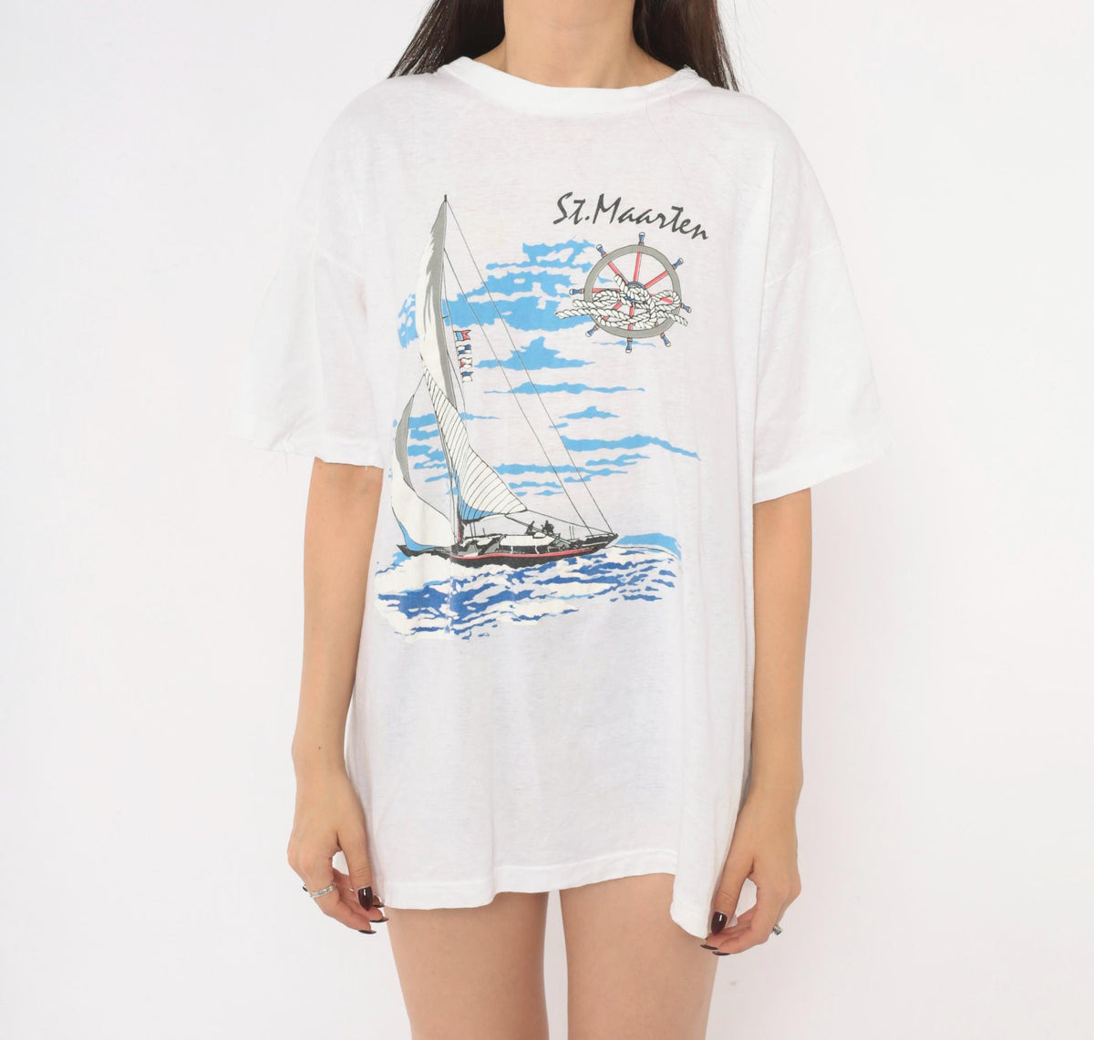 90s Trade Winds St. Maarten Sailboat Graphic Tee White Cotton Large