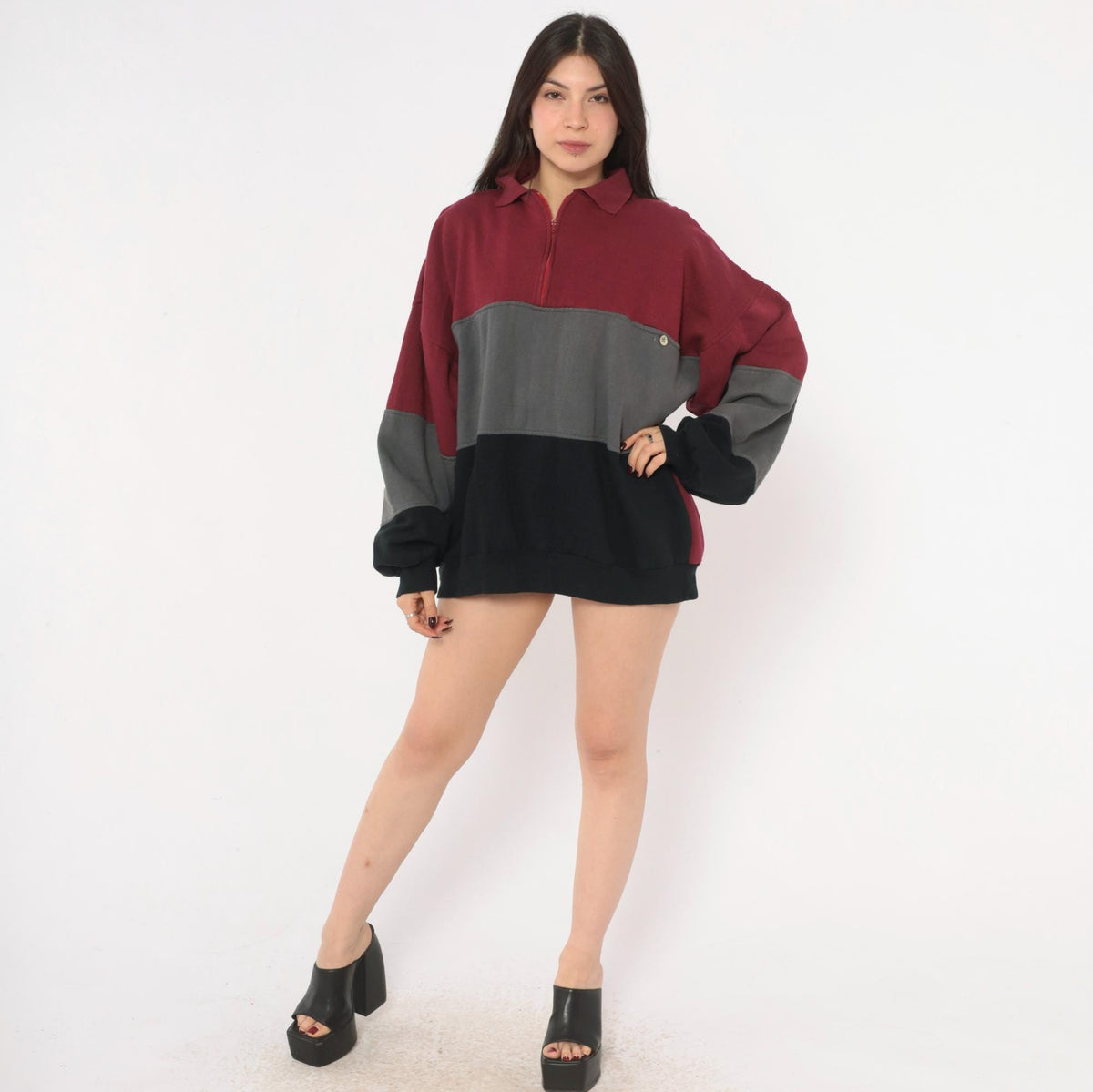 90s Colorblock Quarter Zip Sweatshirt Burgundy Grey Black Extra Large