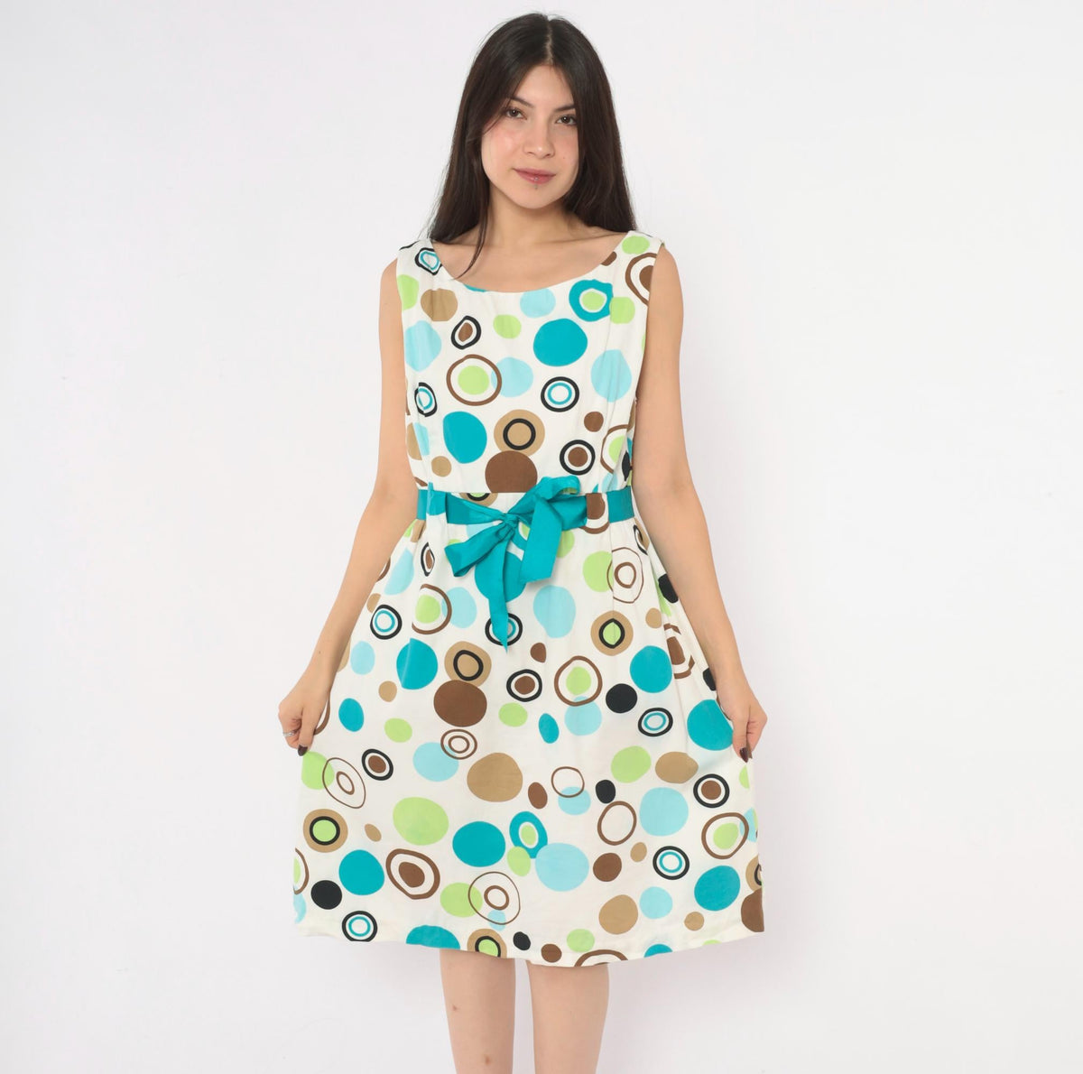 90s Jessica Howard White Polka Dot Sundress Teal Green Brown Knee-Length Large L