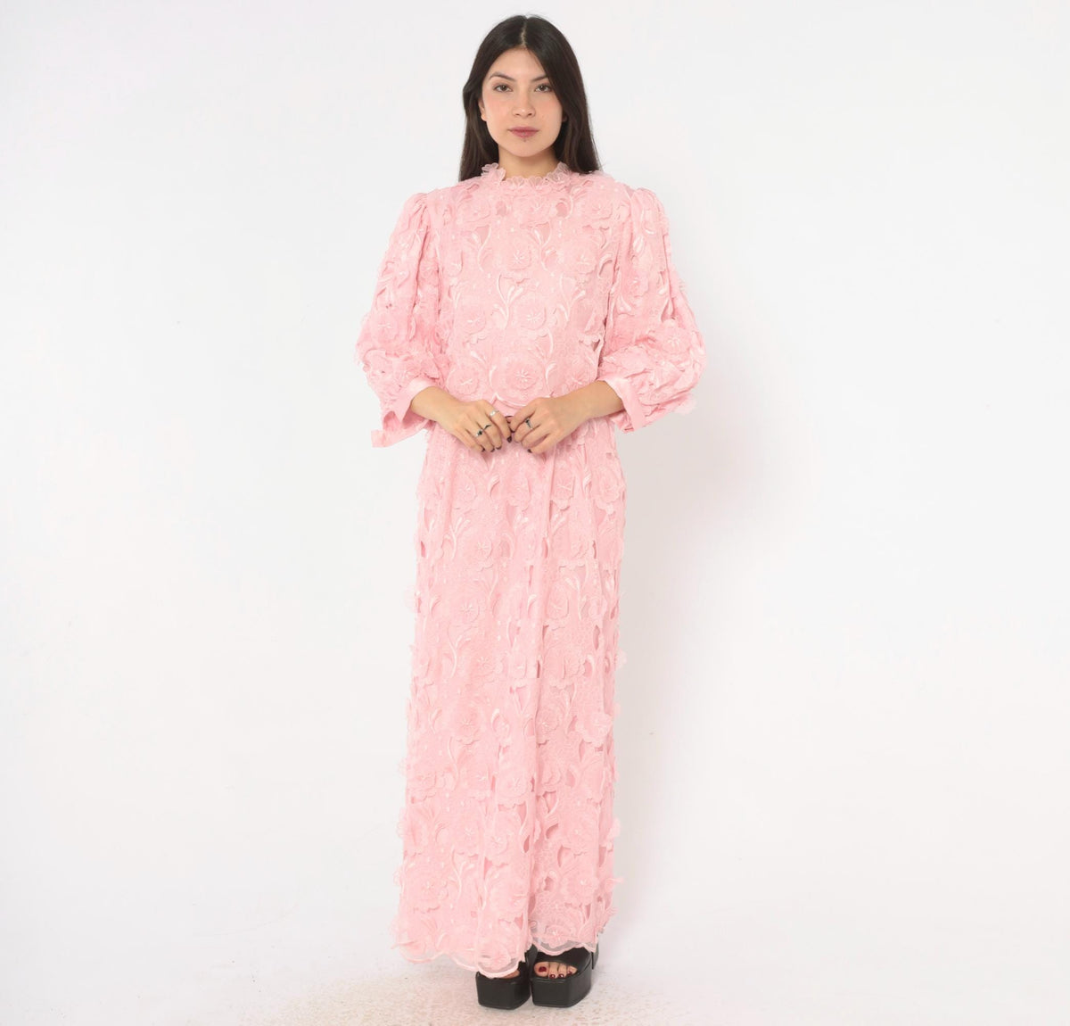 80s Bernadette Designs Pink Maxi Dress Floral Embroidered Puff Sleeve Large L