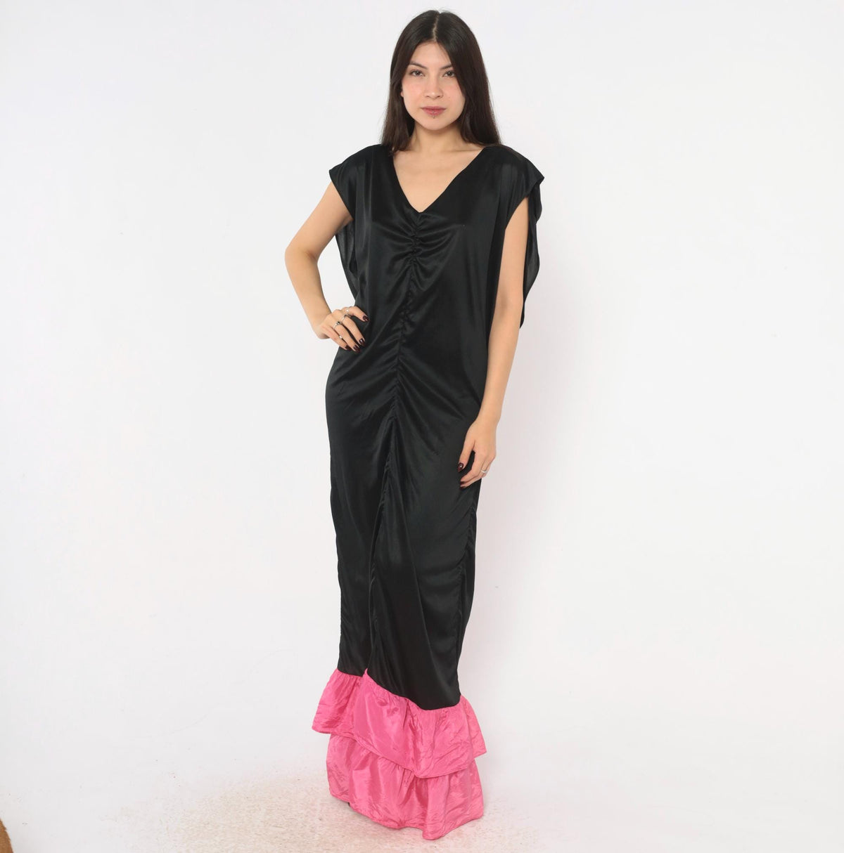 80s Black Satin Maxi Dress Fuchsia Ruffle Cowl Open Back Evening Gown Extra Large