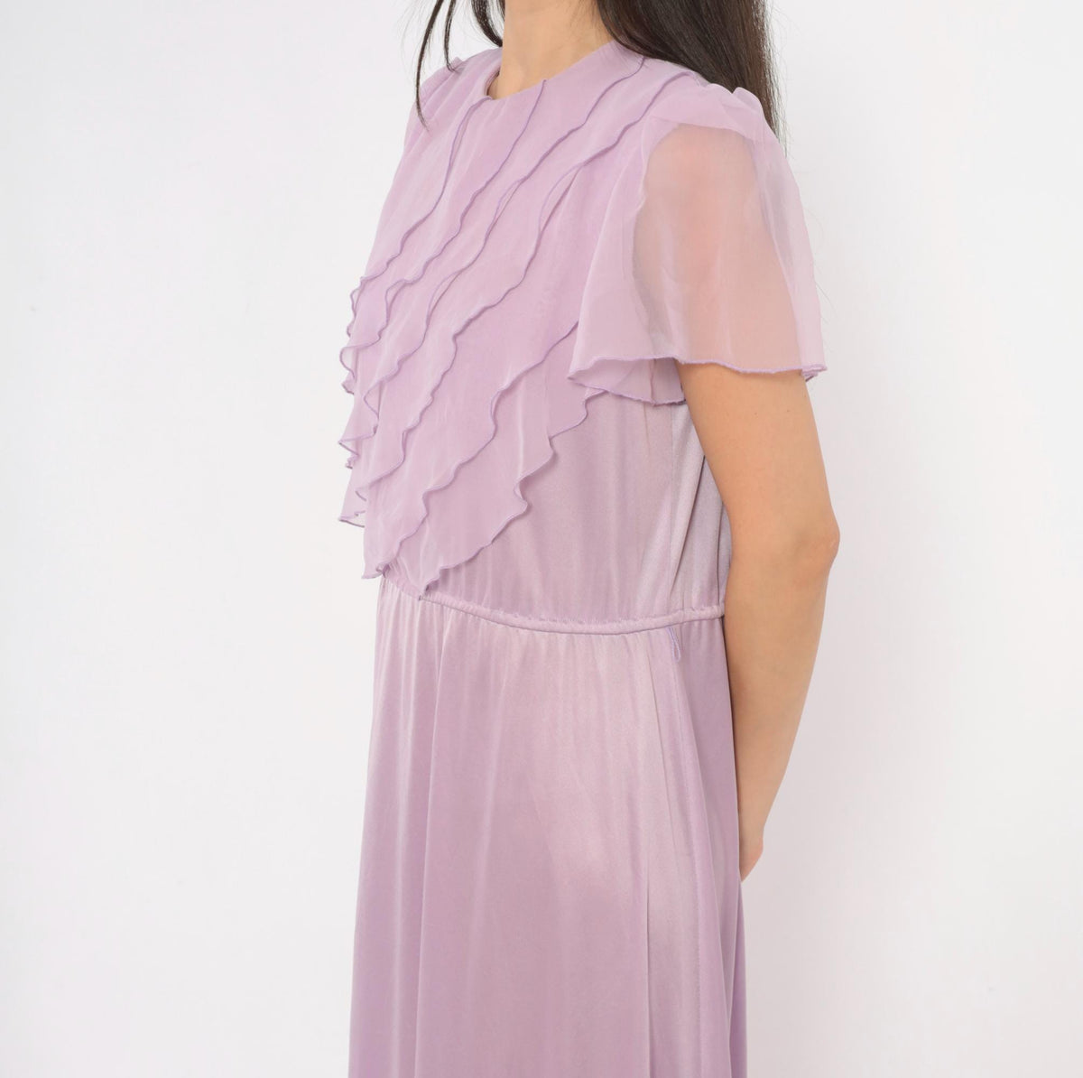 70s Lilac Chiffon Maxi Dress Flutter Sleeve A-Line Purple Pastel Large L