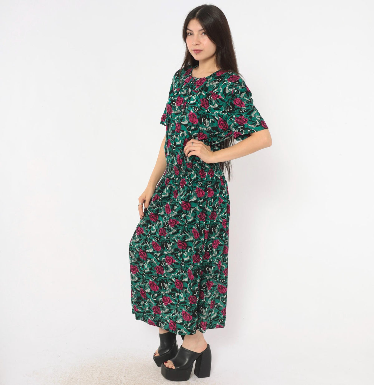 90s Virgo II Rose Print Maxi Dress Teal Pink Button Front Medium