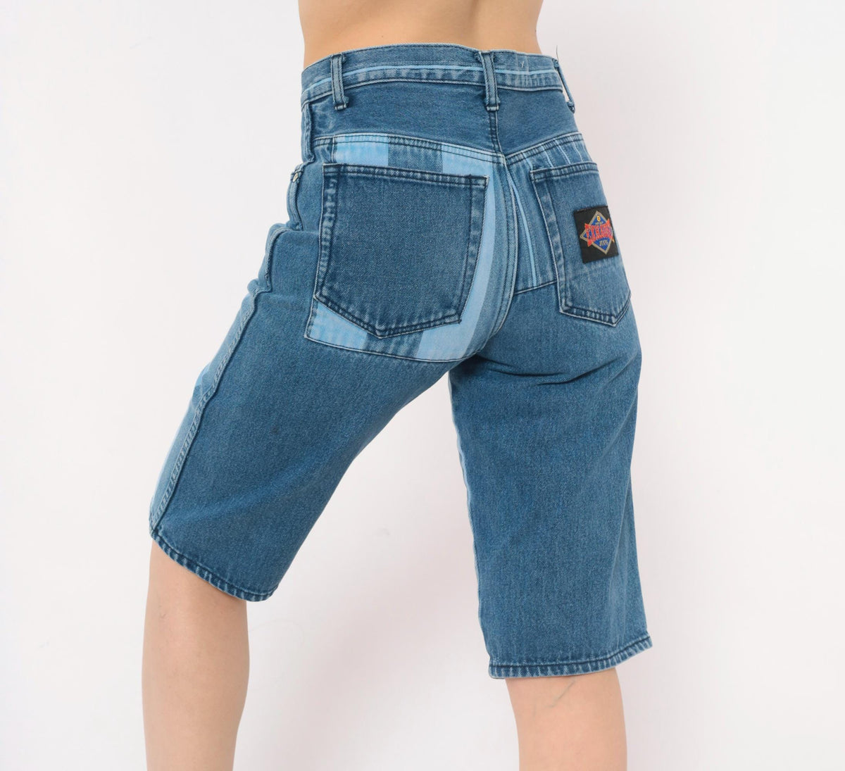 90s Exhaust Jeans Striped Denim Shorts Blue White Vertical Stripe High Waist Knee Length Small S