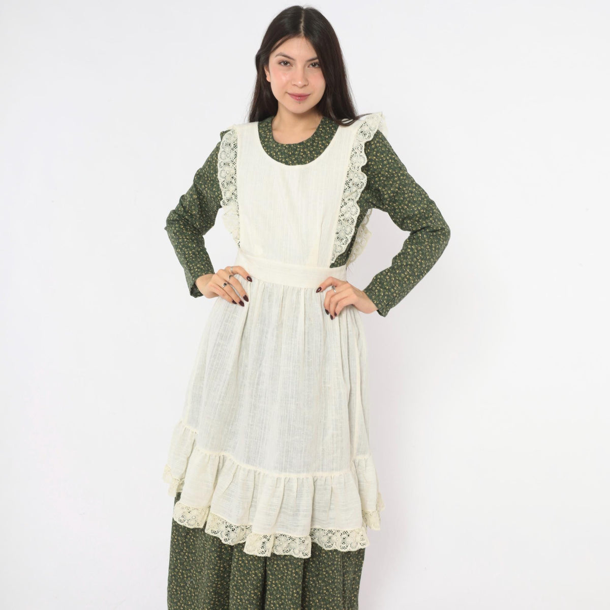 70s Cream Linen Pinafore Apron Dress Crochet Lace Ruffle Tie Back