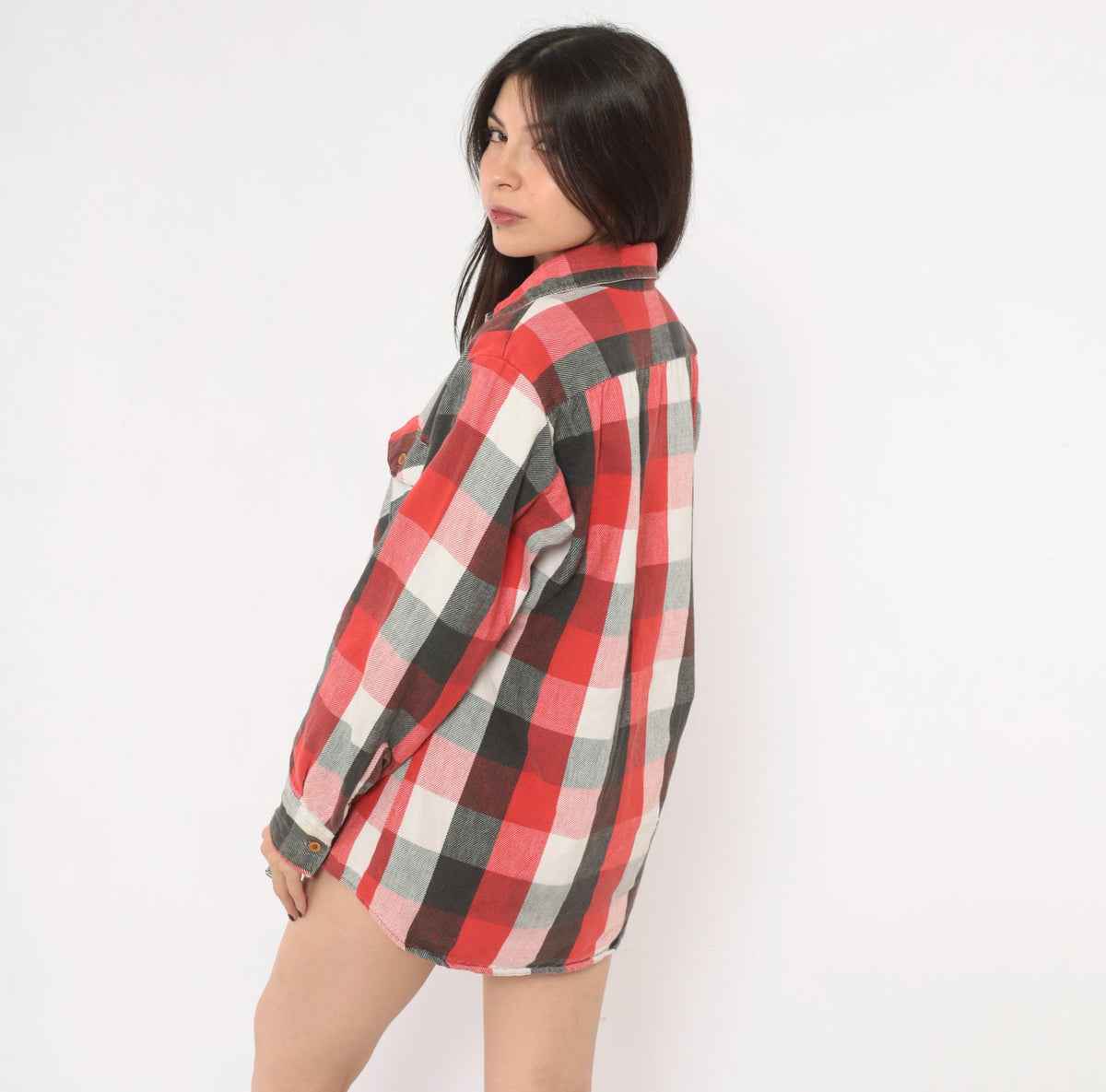 80s Buffalo Plaid Flannel Shirt Red Black White Cotton Button Front Medium