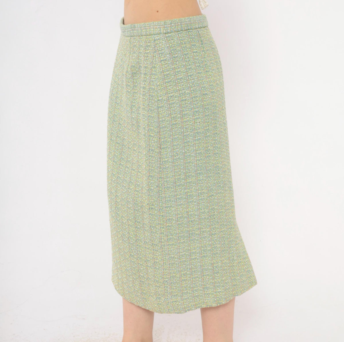 Y2K Green Tweed Midi Skirt Henry Lee Boucle High Waist Pencil Medium M