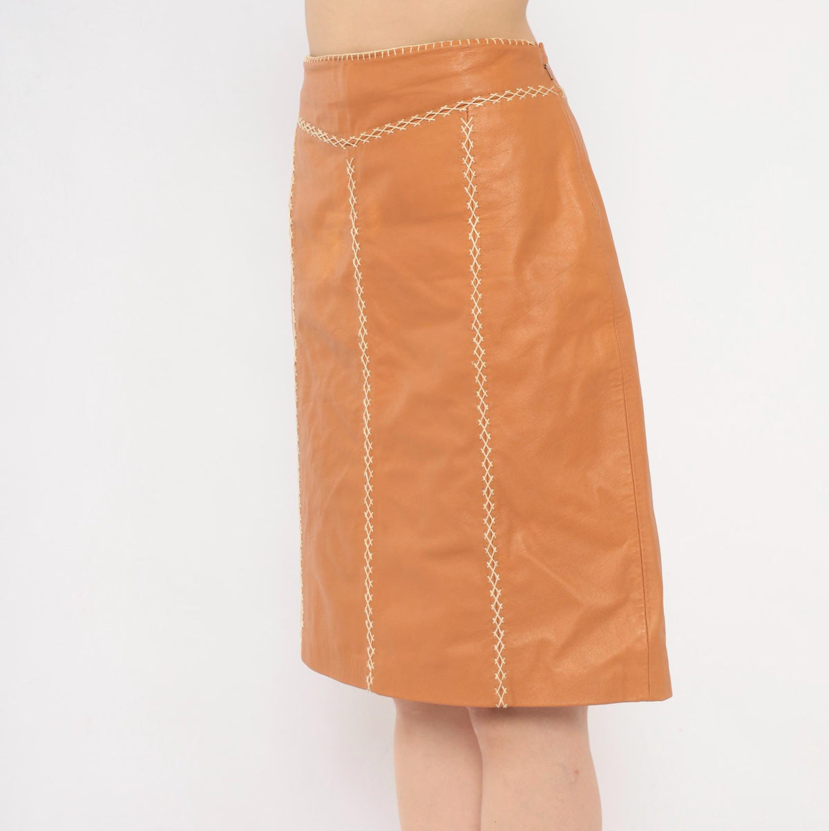 Y2K GAP Tan Leather A-Line Skirt Whipstitch Cream Stitching Small S