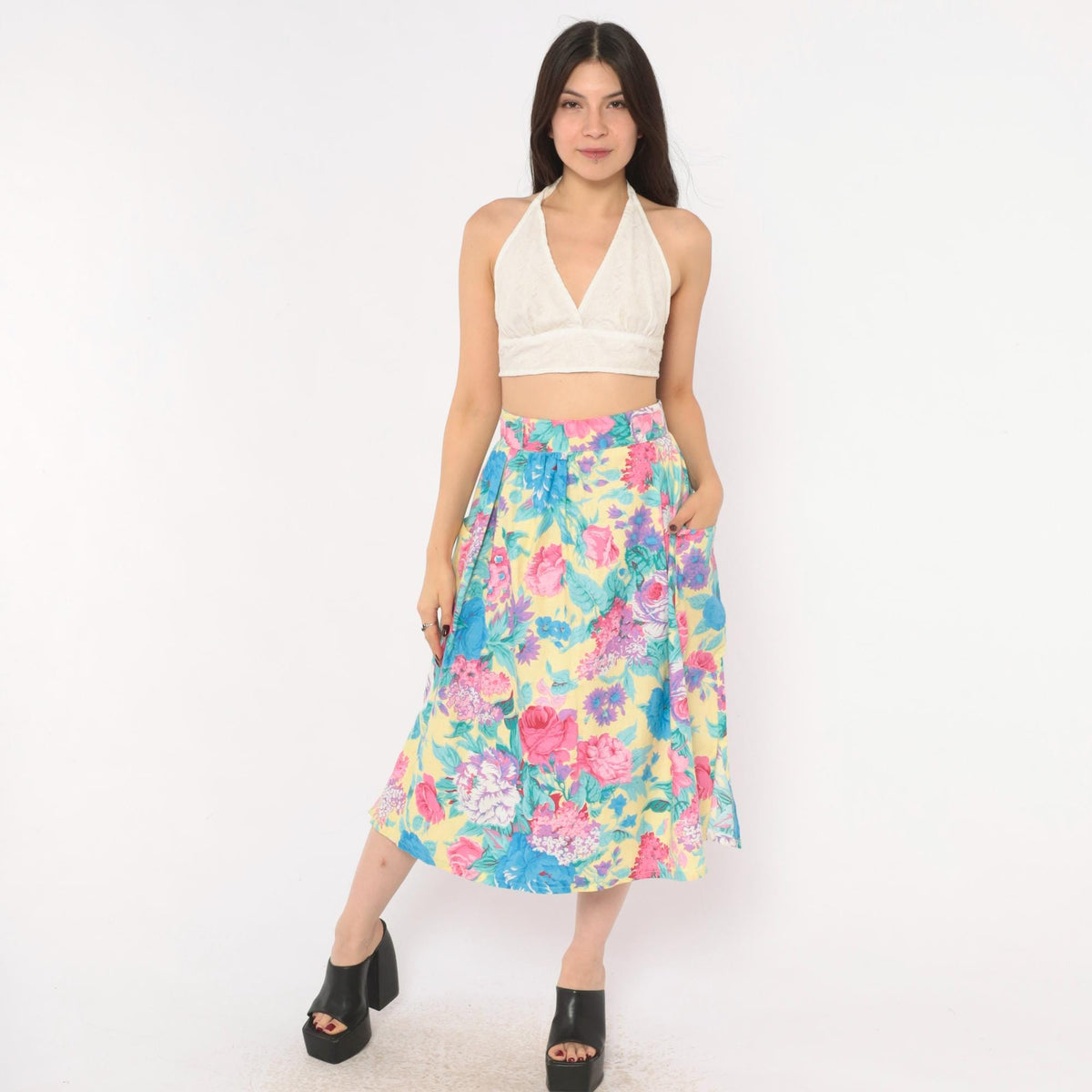80s Lanzetta Sport Floral Midi Skirt Pink Rose Yellow Cotton High Waist Medium